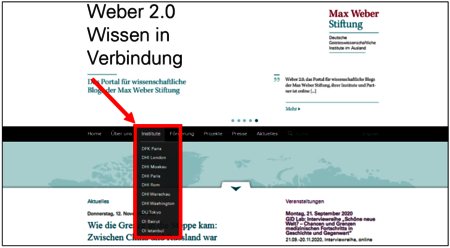 Der Bereich Institute auf der Internetseite