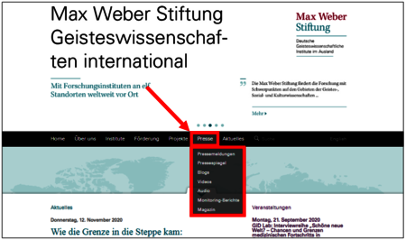 Der Bereich Presse auf der Internetseite