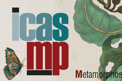 Logo mit den Buchstaben 'icas' in blauer und 'mp' in roter Schrift, daneben ein Schmetterling und ein grünes Blatt.