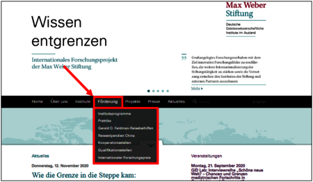 Der Bereich Förderung auf der Internetseite
