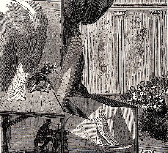 Historische Illustration eines Theatertricks aus dem 19. Jahrhundert, bekannt als „Pepper’s Ghost“. Zu sehen ist ein Bühnenaufbau mit einem Spiegel, der das Bild einer unten verborgenen Person als geisterhafte Erscheinung auf die Bühne reflektiert. Ein Mann auf der Bühne interagiert mit der Illusion, während das Publikum im Hintergrund zuschaut. Der Trick basiert auf Lichtreflexion und Perspektive und wird bis heute bei modernen Projektionen eingesetzt.
