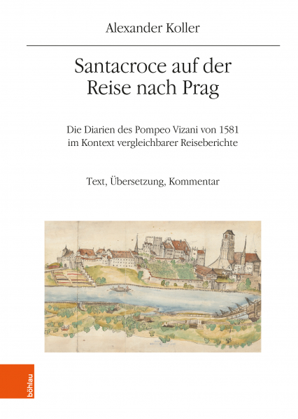 Buchcover. Titel des Buches auf weißem Hintergrund. Darunter ein Zeichnung einer historischen Stadtansicht mit Fluss und befestigter Architektur.