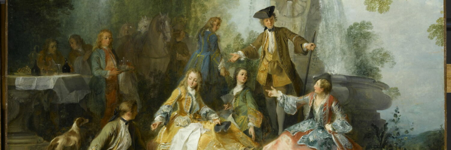 Historisches Gemälde von einer Gruppe von Menschen in altertümlicher Kleidung bei einem Picknick im Freien, umgeben von Bäumen und einem Brunnen.