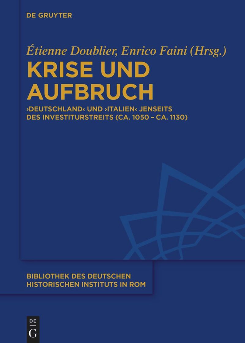 Buchcover mit dem Titel 'Krise und Aufbruch' in gelb auf blauem Hintergrund und einem abstrakten Linienmuster in hellerem blau.