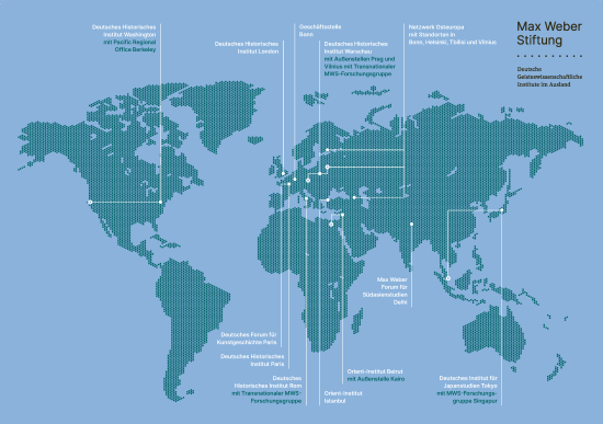Weltkarte mit den Standorten der Max Weber Stiftung (Stand: Mai 2025)